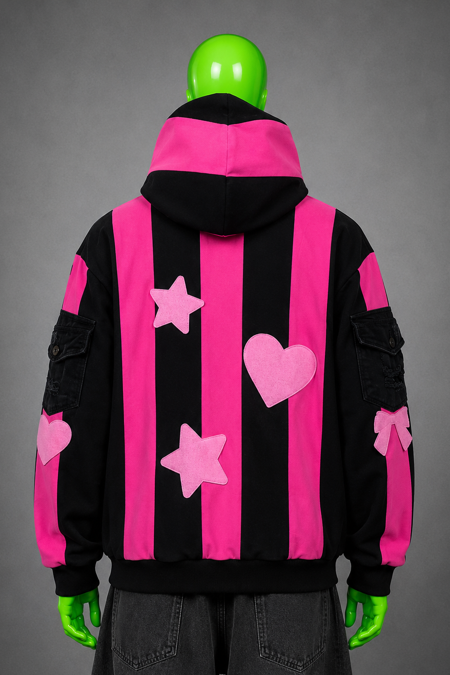 Black Pink Appliqué K-Pop Oversized Hoodie – Y2K Patchwork | Streetwear | Unisex