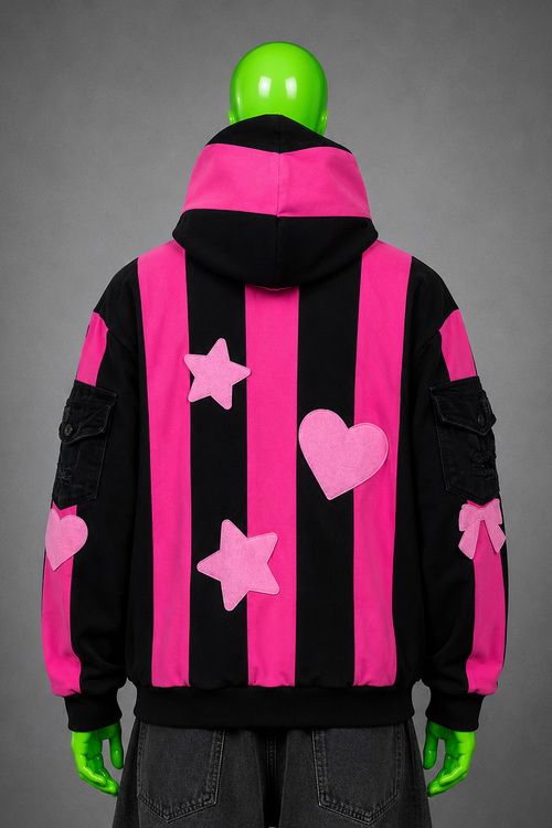 Black Pink Appliqué K-Pop Oversized Hoodie – Y2K Patchwork | Streetwear | Unisex