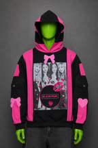 Black Pink Appliqué K-Pop Oversized Hoodie – Y2K Patchwork | Streetwear | Unisex