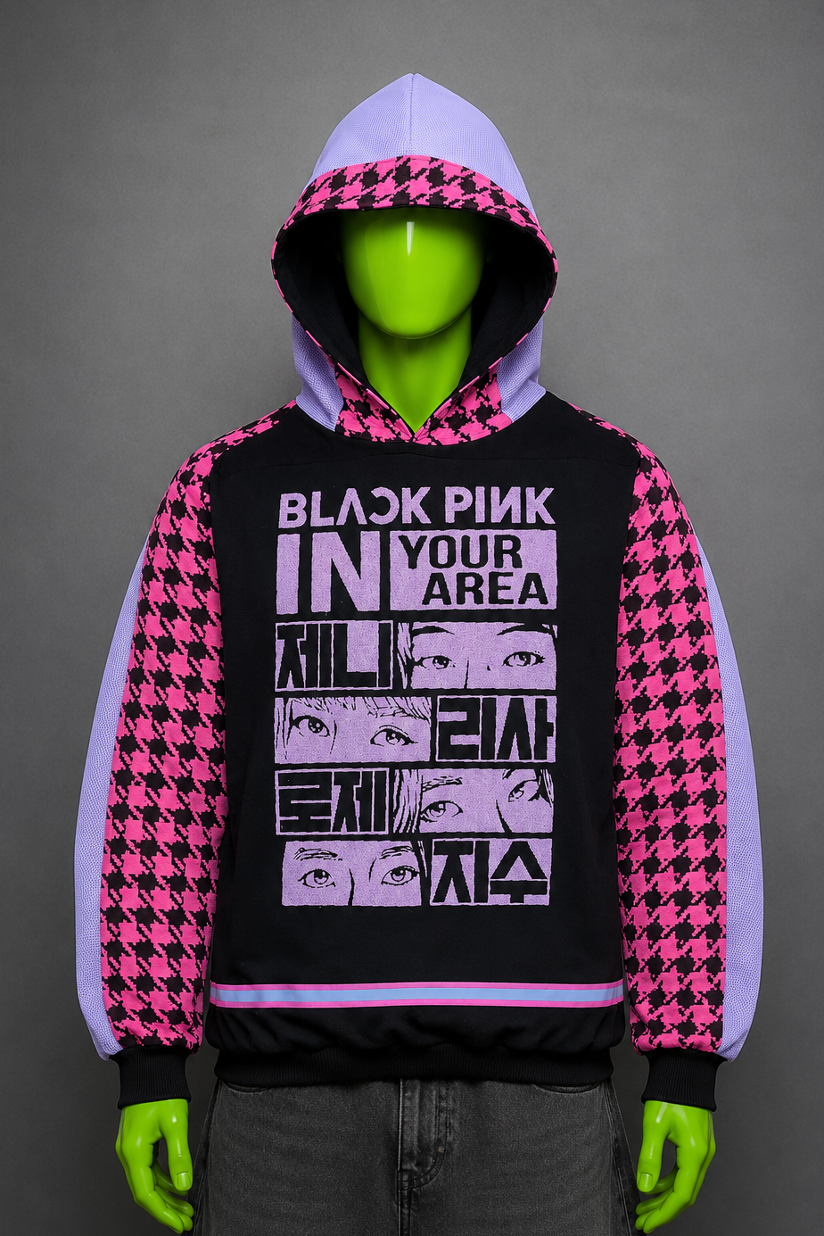Black Pink Patchwork Hoodie – K-Pop Aesthetic | Streetwear Fit | Unisex