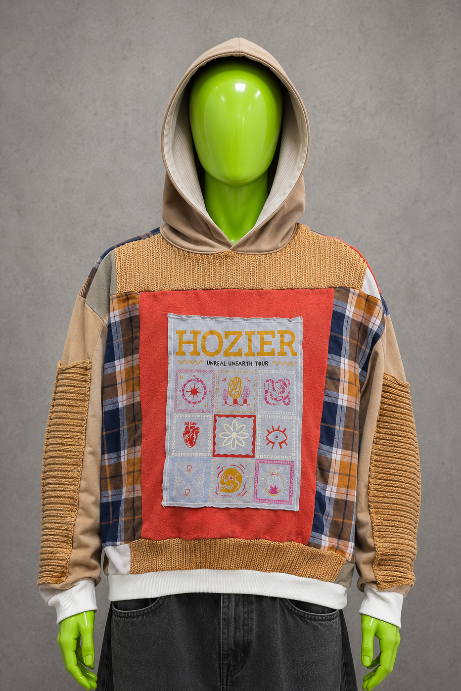 Hozier Distressed Patchwork Hoodie – Indie Folk Streetwear | Y2K Alt | Unisex