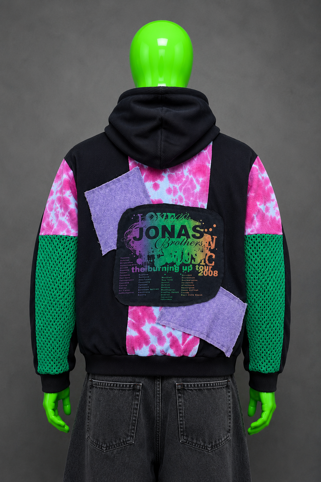 Jonas Brothers Distressed Patchwork Hoodie – Grunge Streetwear | Y2K Alt Unisex