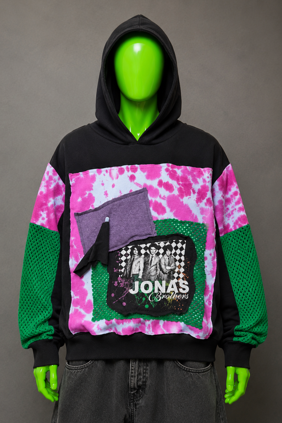 Jonas Brothers Distressed Patchwork Hoodie – Grunge Streetwear | Y2K Alt Unisex