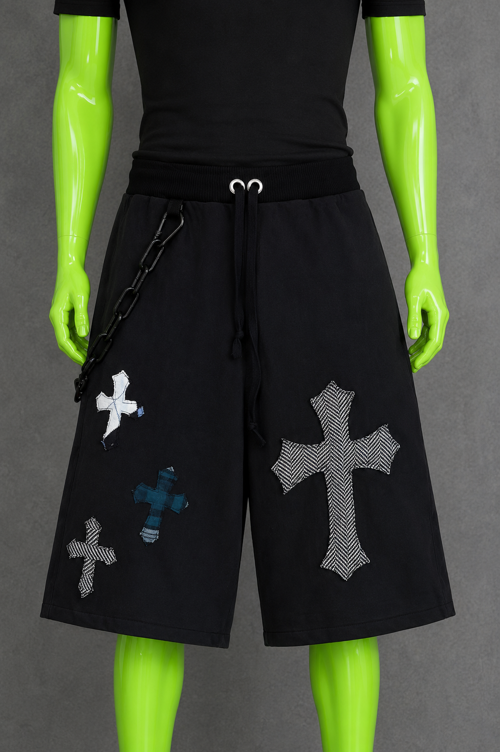 Black Upcycled Jorts with Gothic Crosses | Indie Y2K Style | 90s Streetwear XS-M