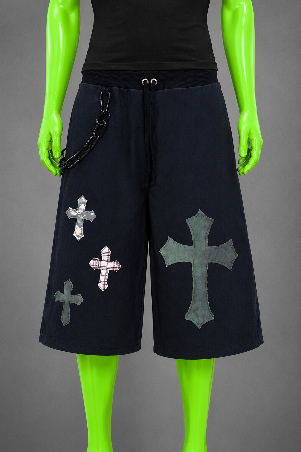 Black Upcycled Jorts Gothic Crosses | Indie Y2K Style | 90s Streetwear L-XXL