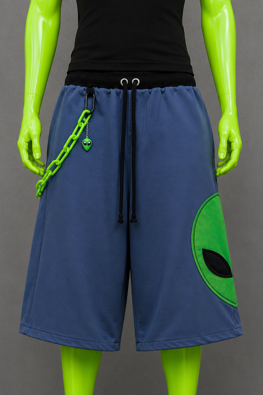 Alien Blue Upcycled Jorts | Y2K Nostalgia Streetwear | Sci-Fi 2000s Style L-XXL