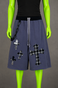 Blue Upcycled Jorts with Gothic Crosses | Indie Y2K Style | 90s Streetwear XS-M