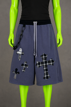 Blue Upcycled Jorts with Gothic Crosses | Indie Y2K Style | 90s Streetwear XS-M