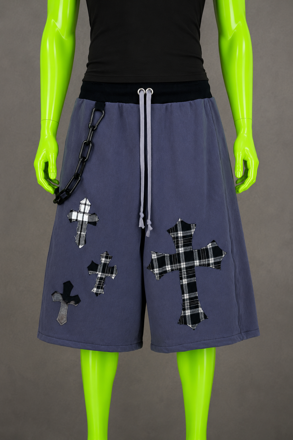 Blue Upcycled Jorts with Gothic Crosses | Indie Y2K Style | 90s Streetwear XS-M