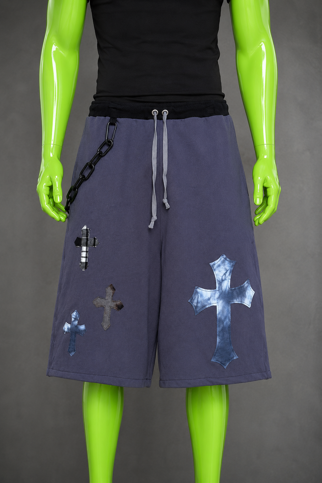 Blue Upcycled Jorts with Gothic Crosses | Indie Y2K Style | 90s Streetwear L-XXL