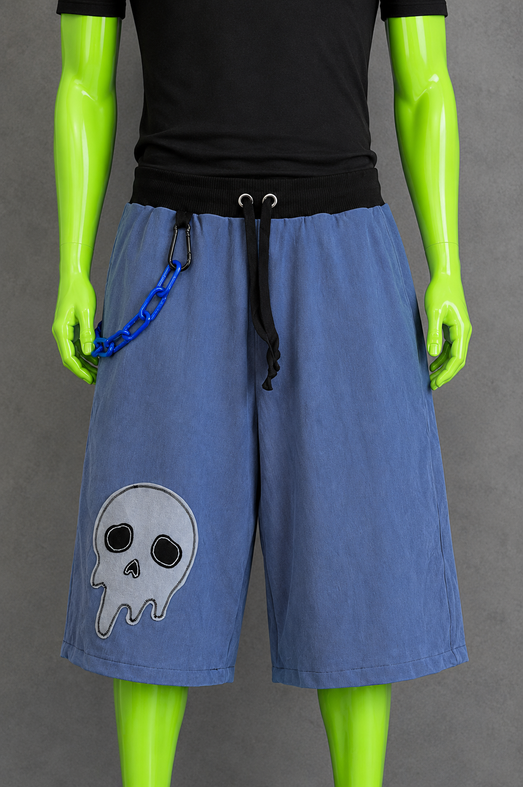 Blue Upcycled Jorts Dripping Skull Chain | Punk Y2K Style | 90s Streetwear XS-M