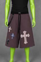 Gray Upcycled Jorts Gothic Crosses | Indie Y2K Style | 90s Streetwear L-XXL