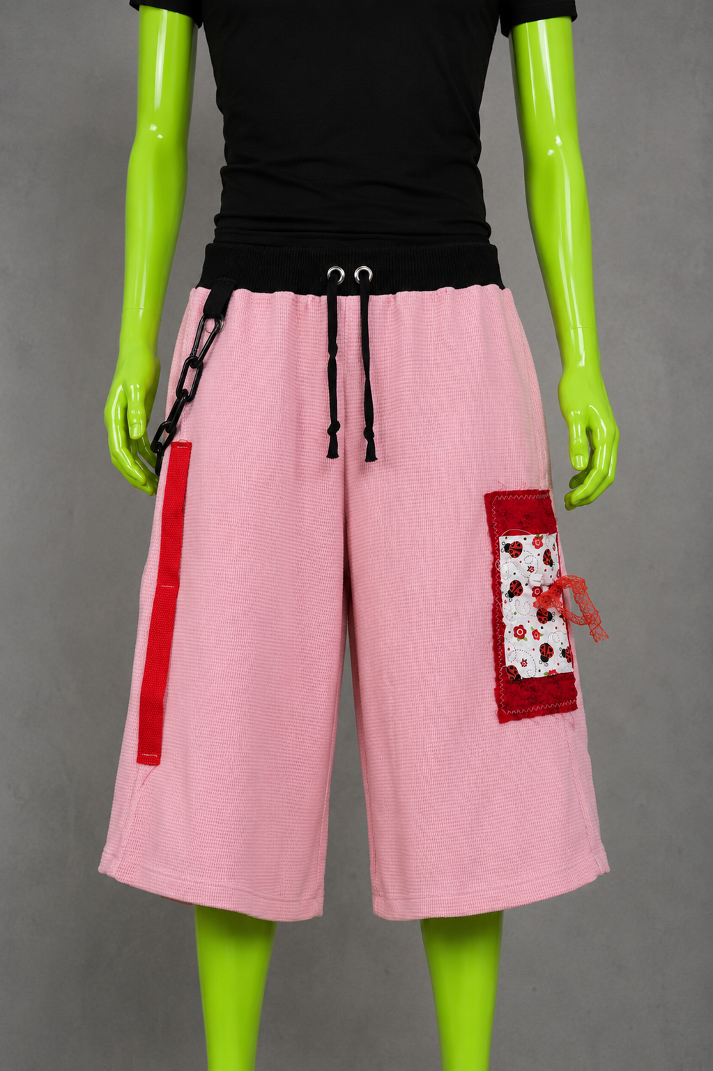 Ladybug Pink & Red Upcycled Jorts – Boho Streetwear | Y2K  | Festival Fit XS-M