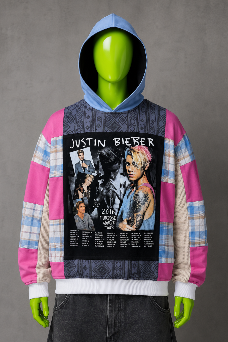Justin Bieber Plaid Patchwork Hoodie – 2000s Streetwear | Retro Y2K | Unisex