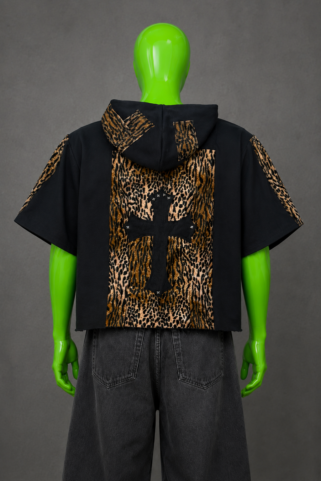 Leopard Stripe Gothic Cross Upcycled Hoodie – Reworked Streetwear | One of One