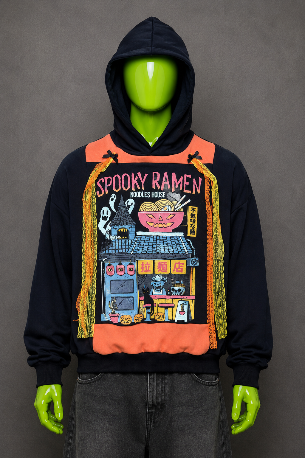 Spooky Ramen Patchwork Hoodie – Kawaii Aesthetic | Reworked Streetwear Fit