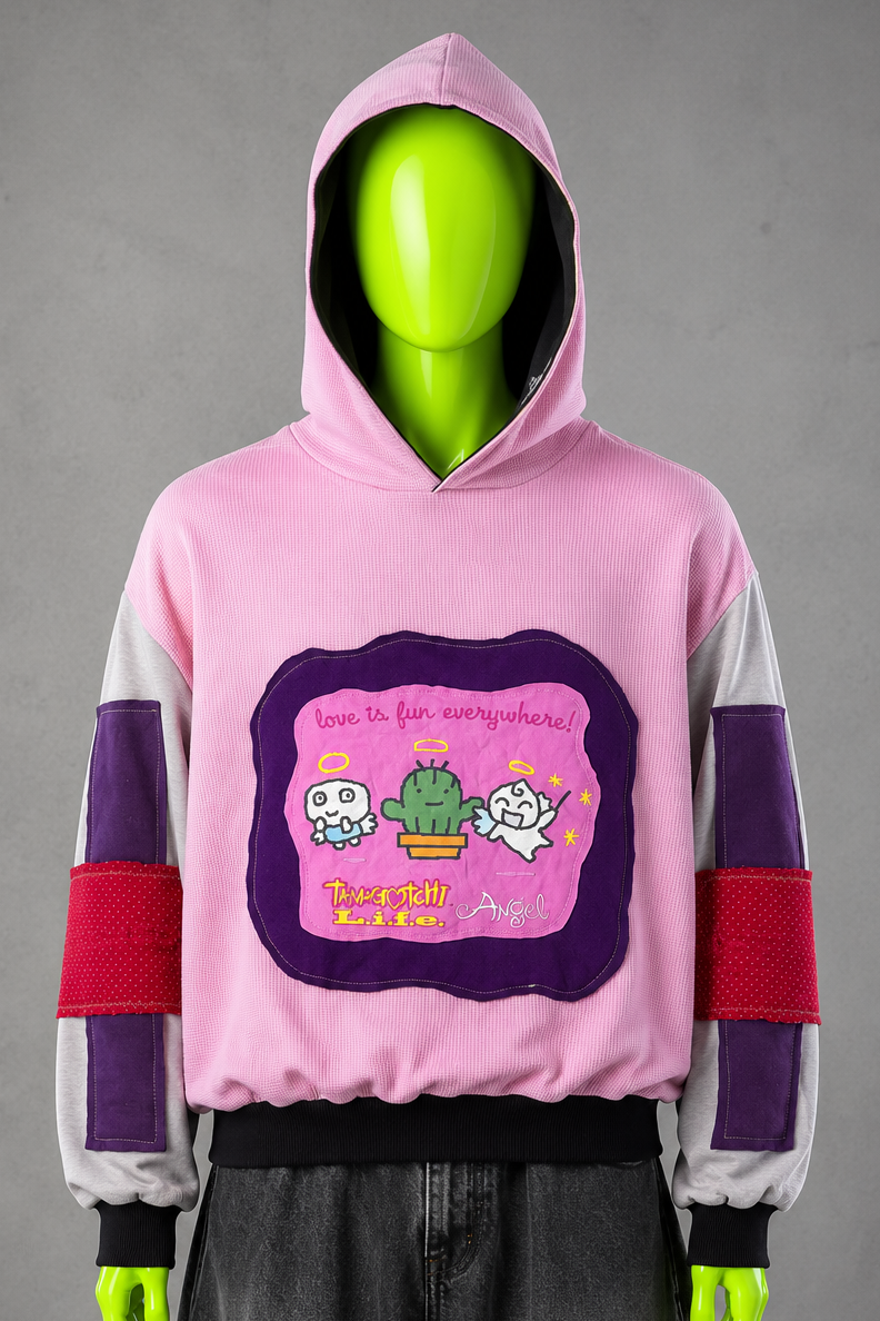 Tamagotchi Patchwork Hoodie – Kawaii Aesthetic | Reworked Unisex Streetwear Fit