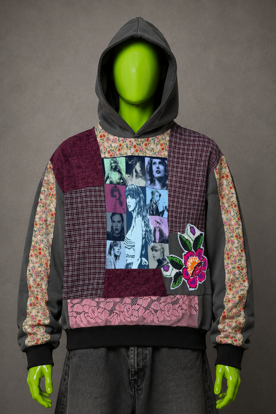 Taylor Swift Upcycled Patchwork Hoodie – Y2K Streetwear | Indie Style | Unisex