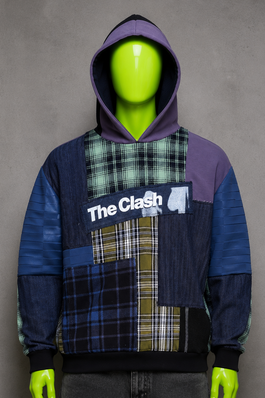 The Clash Upcycled Oversized Patchwork Hoodie – Punk Grunge | Unisex Streetwear