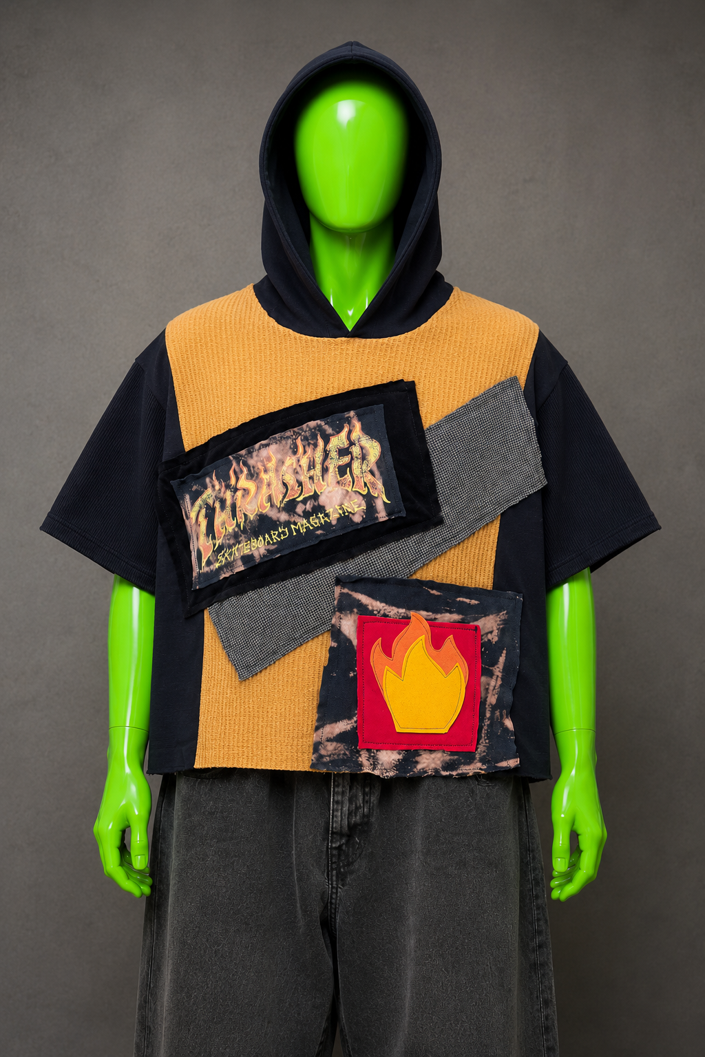 Thrasher Distressed Patchwork Hoodie – Punk Reworked Streetwear | Y2K Alt | 1of1