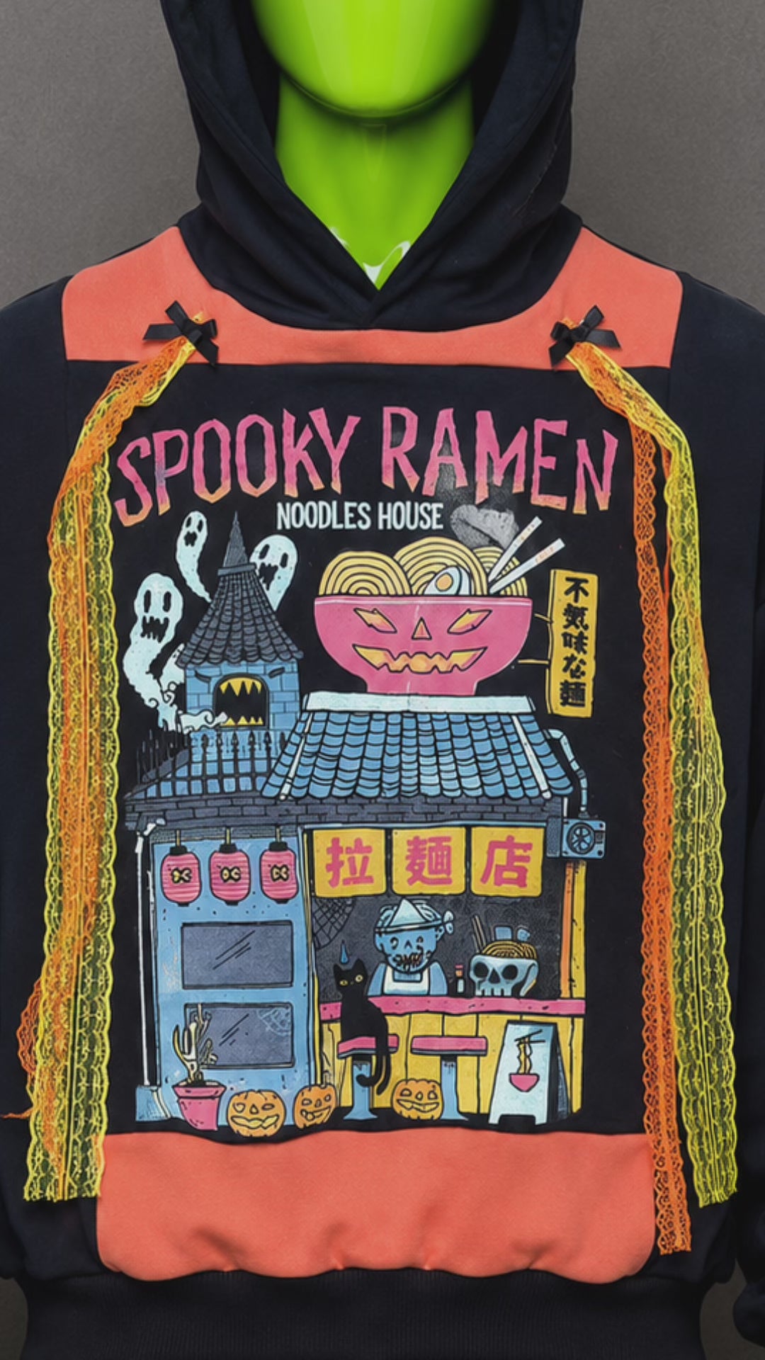 Spooky Ramen Patchwork Hoodie – Kawaii Aesthetic | Reworked Streetwear Fit