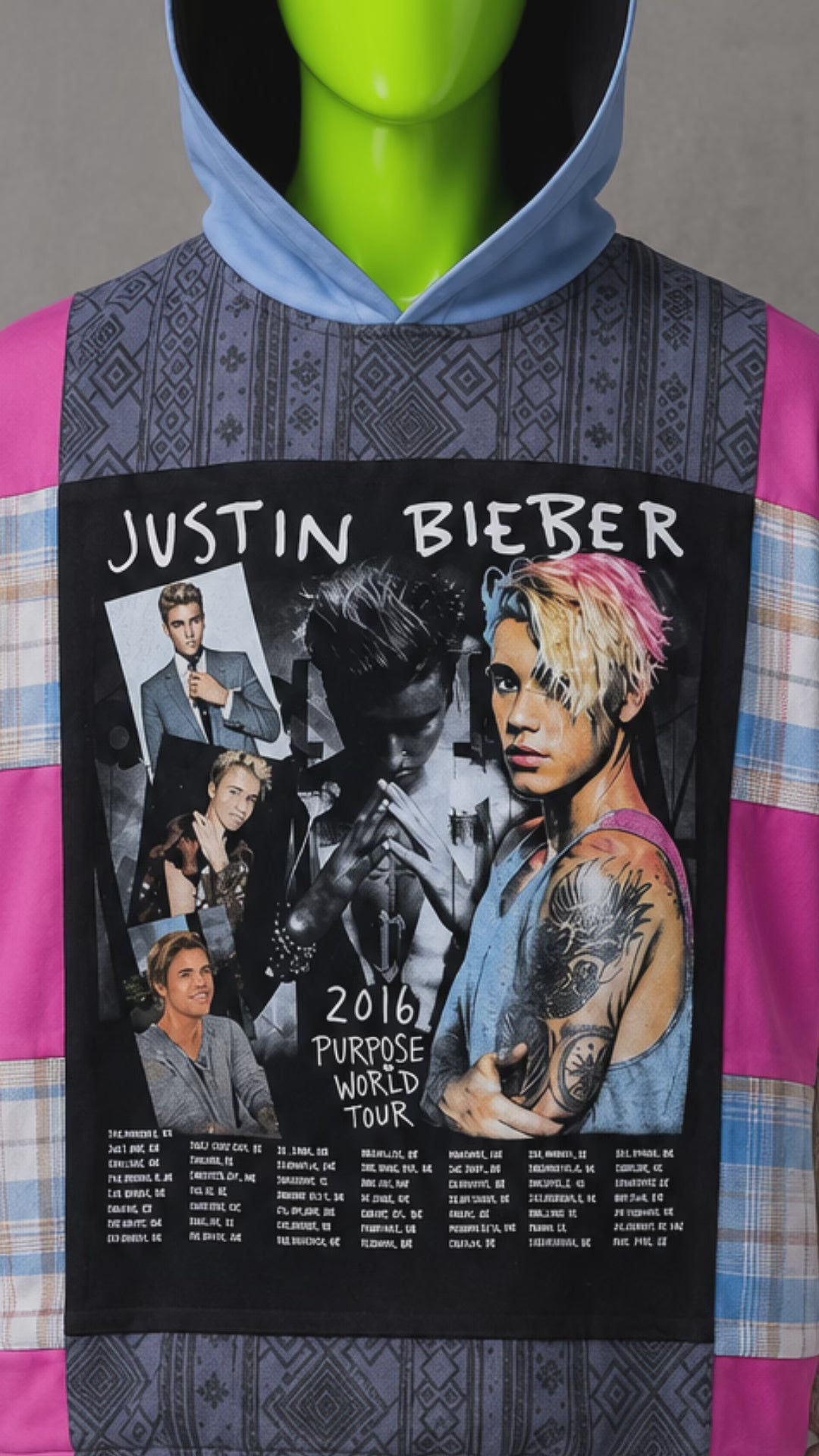 Justin Bieber Plaid Patchwork Hoodie – 2000s Streetwear | Retro Y2K | Unisex