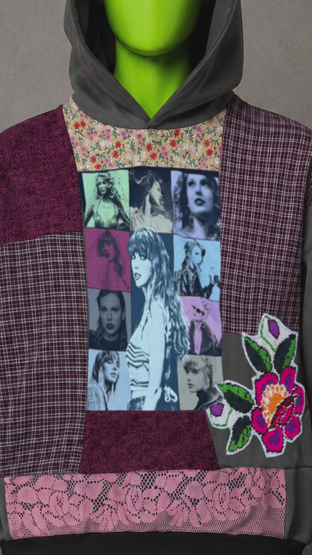 Taylor Swift Upcycled Patchwork Hoodie – Y2K Streetwear | Indie Style | Unisex