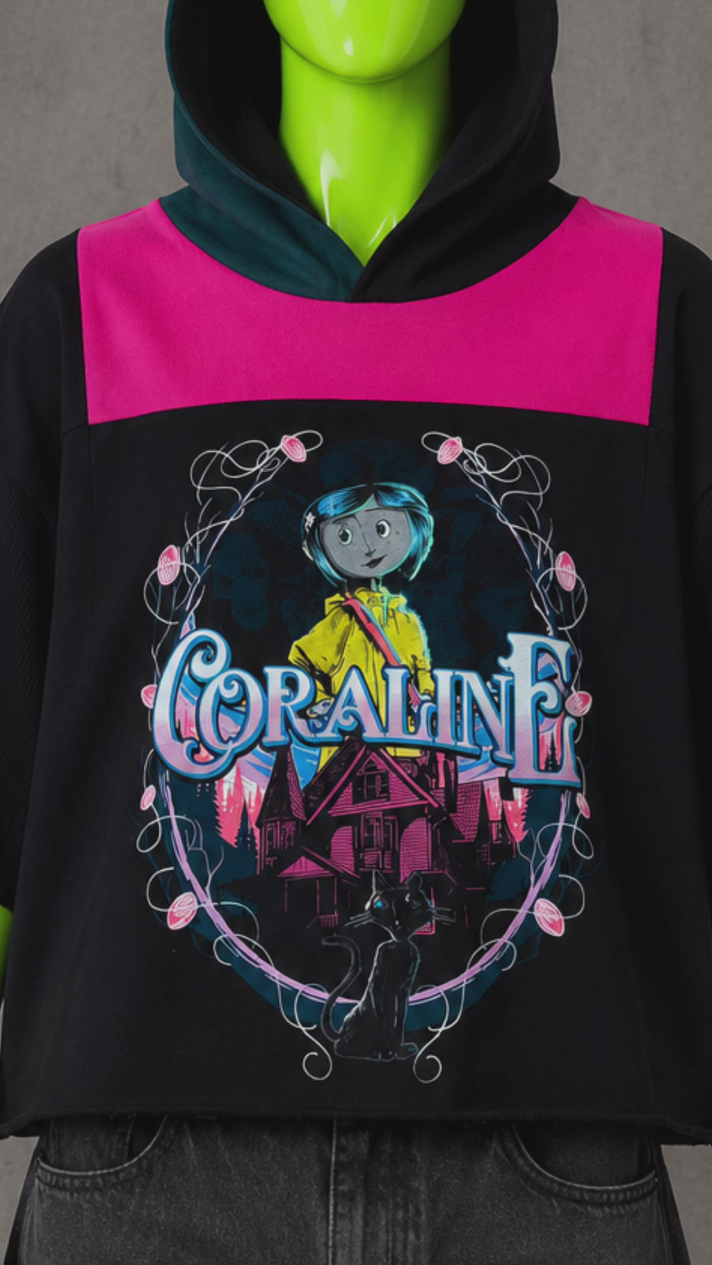 Coraline Halloween Reworked Patchwork Hoodie – Horrorcore Streetwear | Unisex