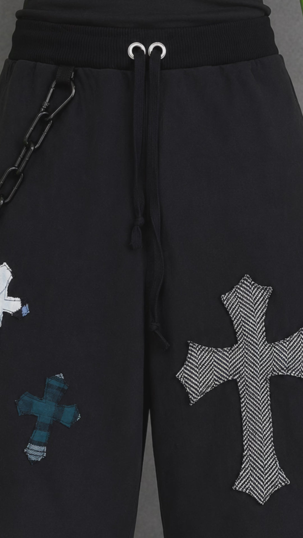 Black Upcycled Jorts with Gothic Crosses | Indie Y2K Style | 90s Streetwear XS-M