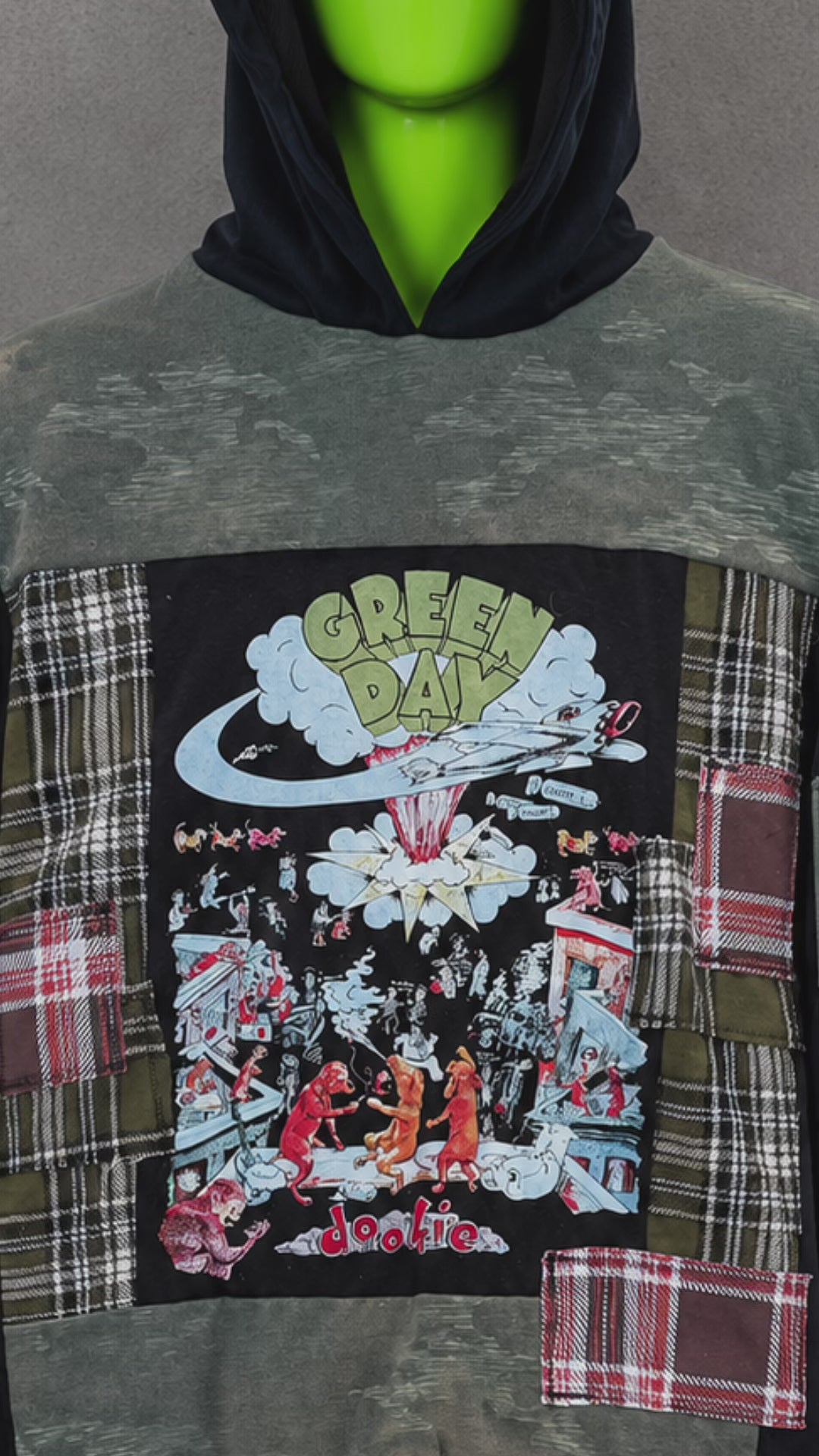 Green Day Upcycled Patchwork Hoodie – Distressed Indie Grunge Streetwear Unisex