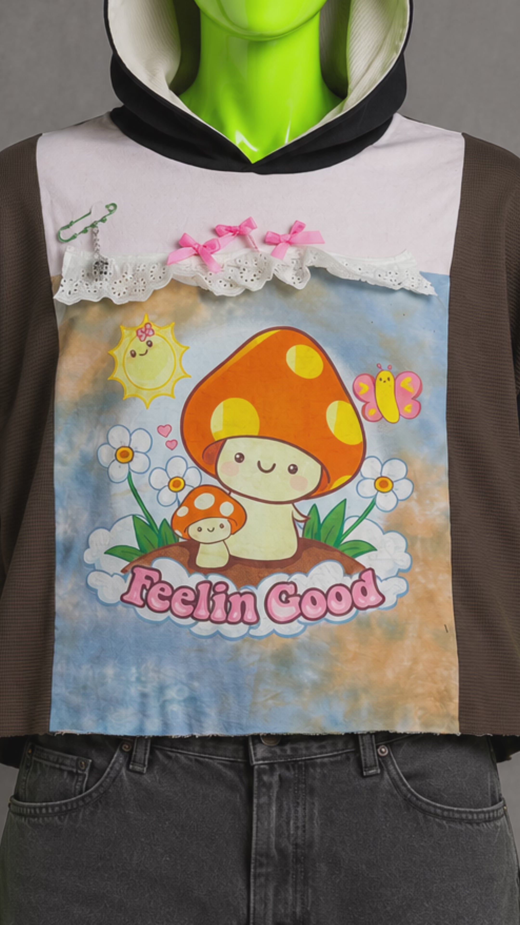 PLUR Mushroom Oversized Patchwork Hoodie – Rave Streetwear | Y2K Vibe | Unisex
