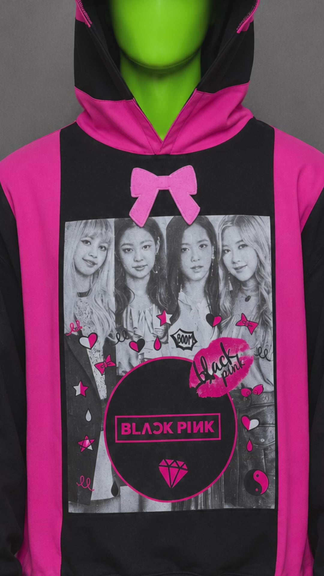 Black Pink Appliqué K-Pop Oversized Hoodie – Y2K Patchwork | Streetwear | Unisex