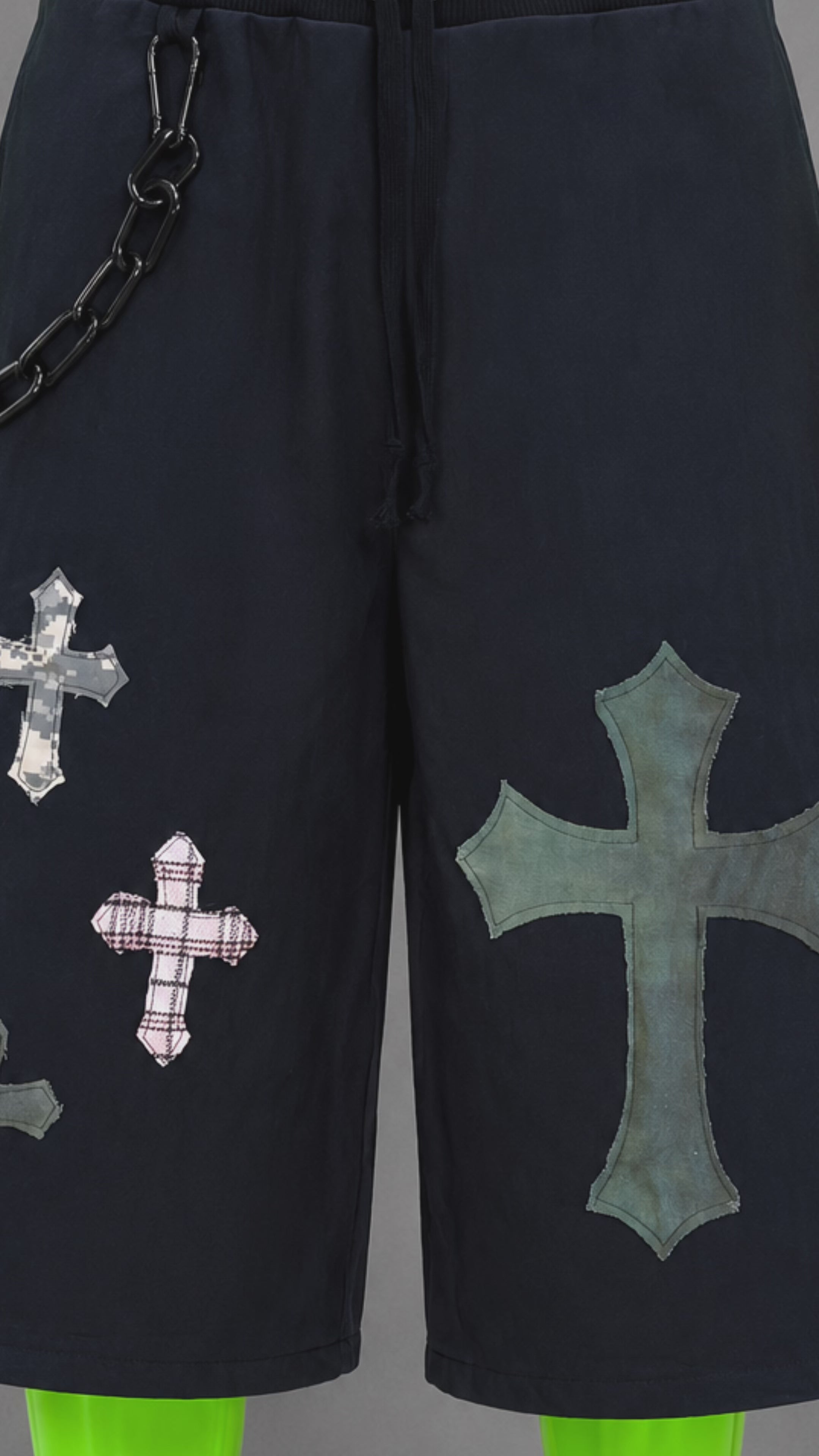 Black Upcycled Jorts Gothic Crosses | Indie Y2K Style | 90s Streetwear L-XXL