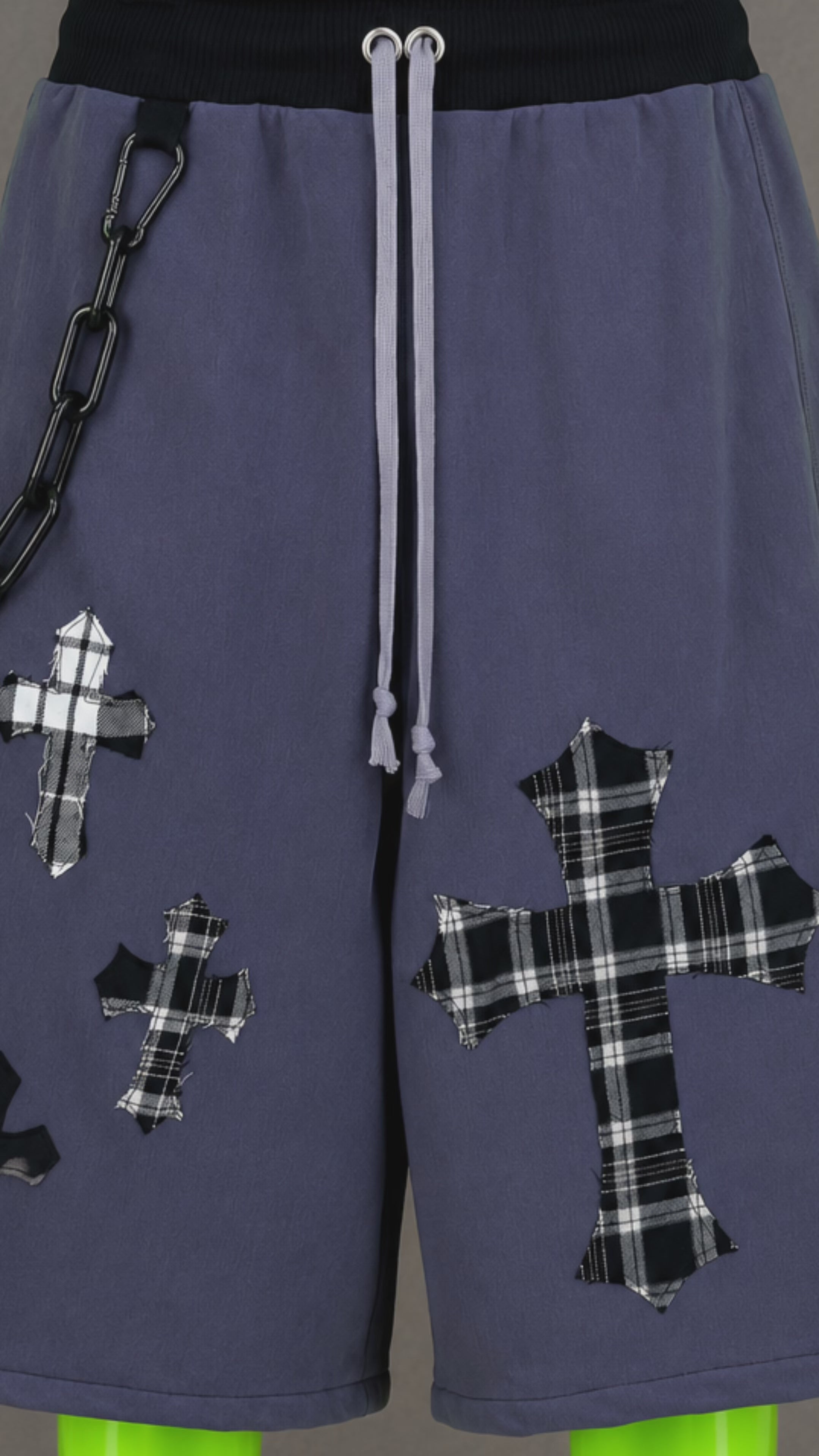Blue Upcycled Jorts with Gothic Crosses | Indie Y2K Style | 90s Streetwear XS-M