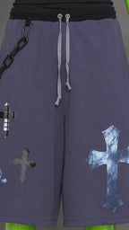 Blue Upcycled Jorts with Gothic Crosses | Indie Y2K Style | 90s Streetwear L-XXL