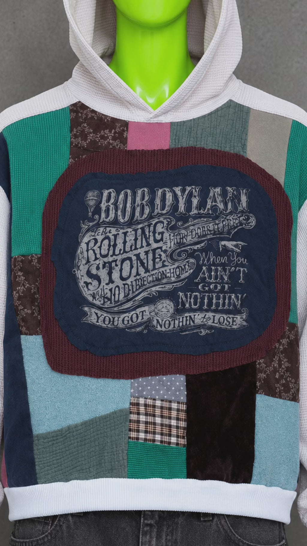 Bob Dylan Patchwork Hoodie – Indie Folk Aesthetic  | Reworked Unisex Streetwear